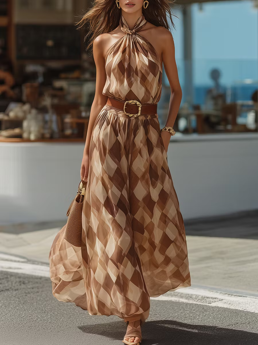 Elegant women's geometric print halter maxi dress in brown, perfect for summer vacations or parties.