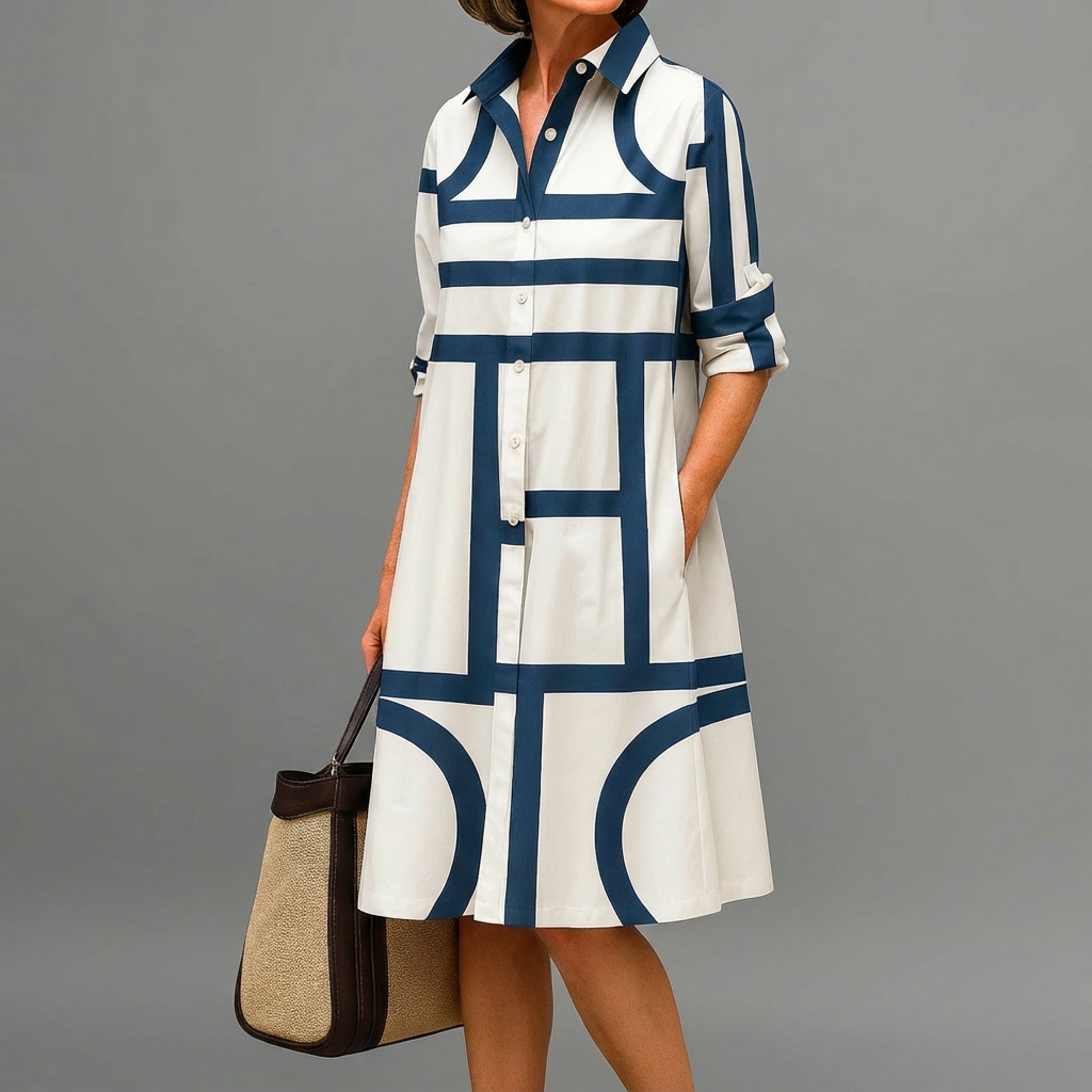 Elegant women's geometric print midi dress with shirt collar & button-down front. Versatile A-line style for work or casual.
