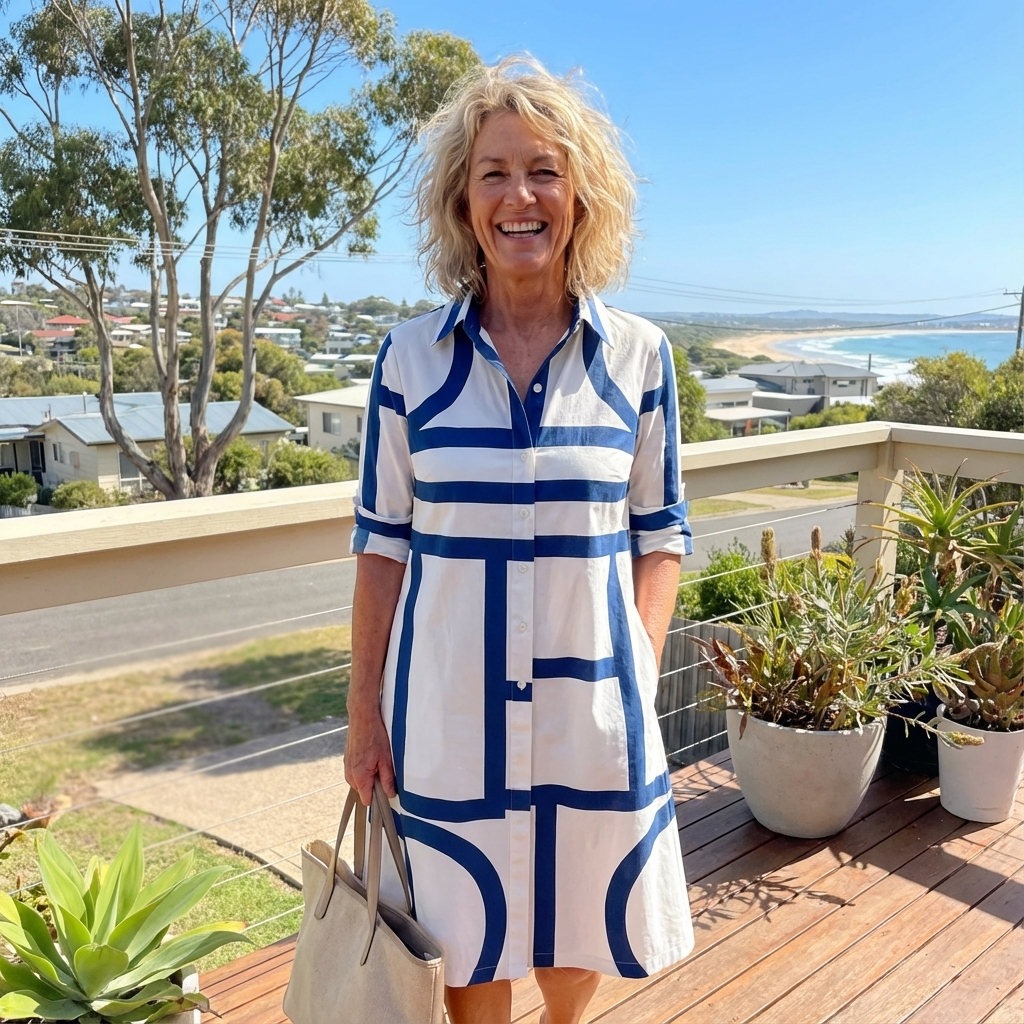 Versatile geometric print midi dress for women. Elegant A-line cut with shirt collar & button details, perfect for workwear.