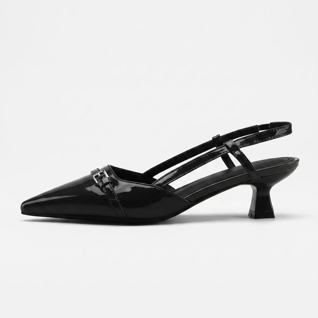 Chic women's glossy pointed toe slingback heels. Elegant, versatile dress shoes for formal events & work attire.