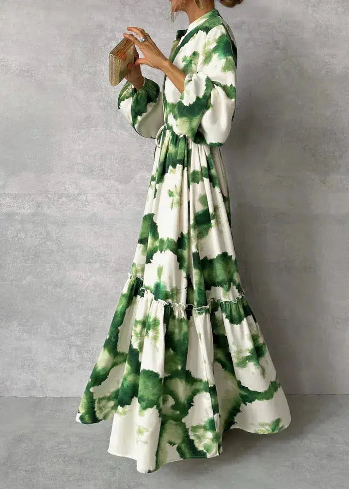 V-neck women's long green formal dress with elegant puff sleeves & adjustable waist for special occasions.
