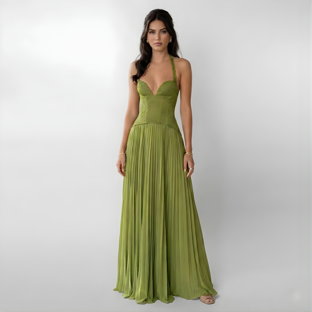 Elegant women's green pleated halter maxi dress with a flowy skirt and open back, ideal for special occasions.