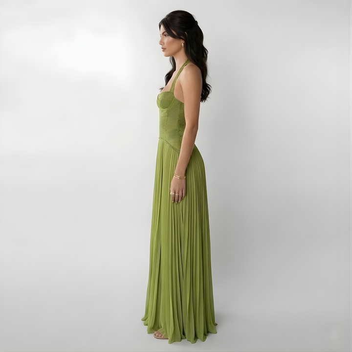 Flowy green pleated halter maxi dress for women, ideal as a bridesmaid dress, prom dress, or evening gown.