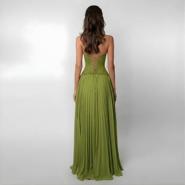 Stylish women's green pleated halter maxi dress, perfect as a formal evening gown, party, or vacation dress.