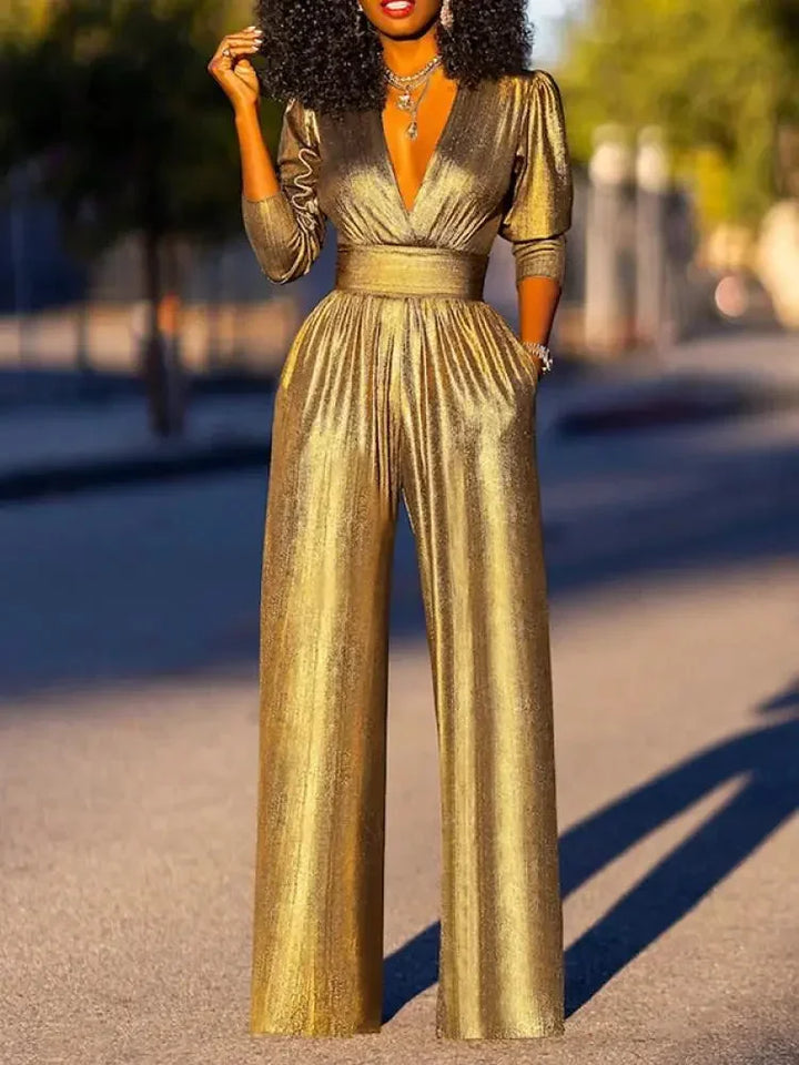 Women's elegant V-neck wide leg formal jumpsuit in deep green, ideal for glamorous evening and party wear.