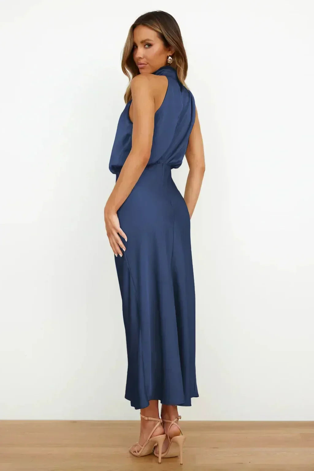 Stylish women's halter evening gown, ideal as a wedding guest dress & special occasion wear.