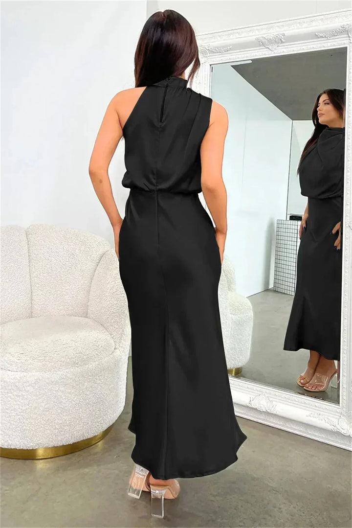 Women's formal halter evening dress, an elegant open back gown for special occasions.