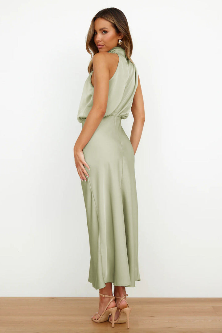Floor-length halter evening dress for women, a stylish long gown for parties & formal events.