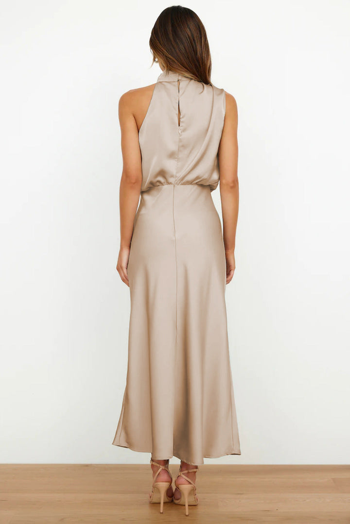 Model wearing a stunning women's halter evening gown, an elegant open back formal dress.