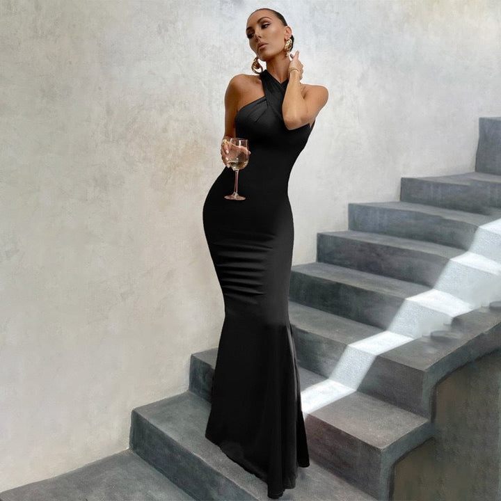 Elegant women's halter mermaid maxi dress, perfect as a wedding guest or formal evening gown, chic and flattering.