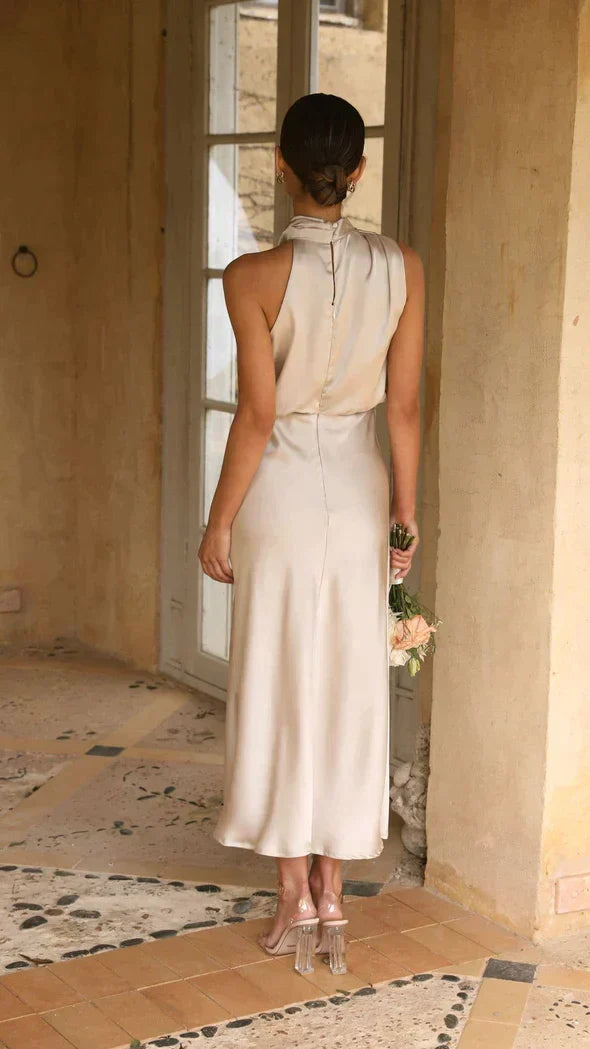 Flattering women's halter midi dress, perfect cocktail or summer party dress.