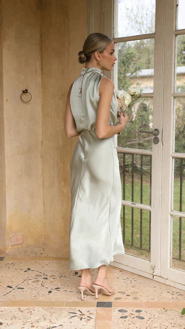 Chic women's halter midi dress, ideal for formal events or evening wear.
