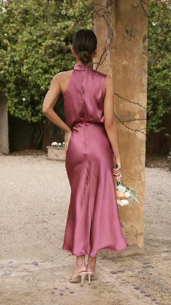 Formal women's halter midi dress, an elegant choice for any special occasion.