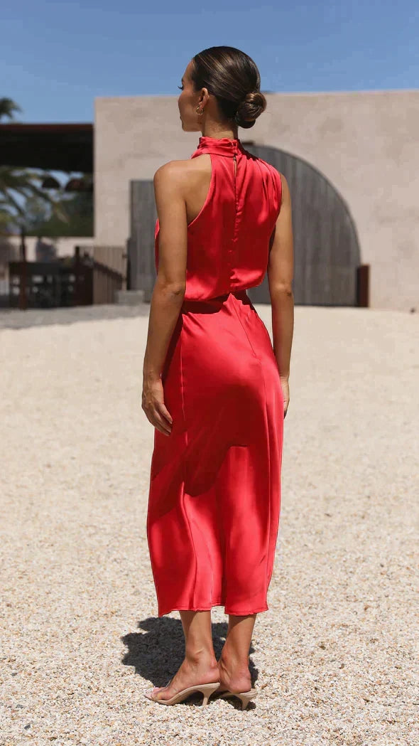 Versatile women's elegant midi dress, halter style for occasion wear.