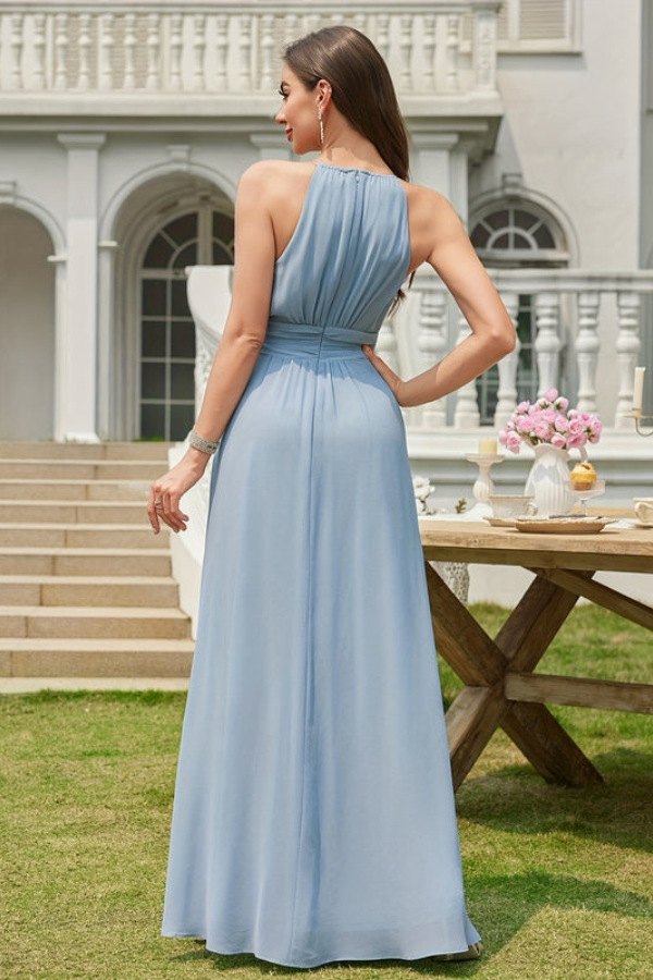 Floor-length A-line halter neck maxi dress with stylish keyhole detail, ideal for evening wear.