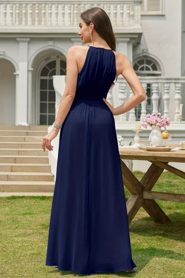 Graceful women's A-line keyhole halter maxi dress, a perfect elegant evening gown or bridesmaid dress.