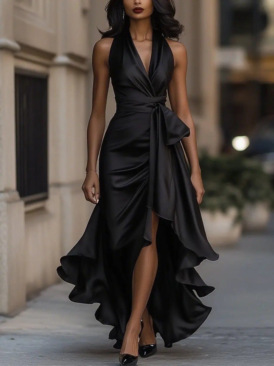 Formal women's halter neck V-neck maxi dress, a perfect evening gown for parties.