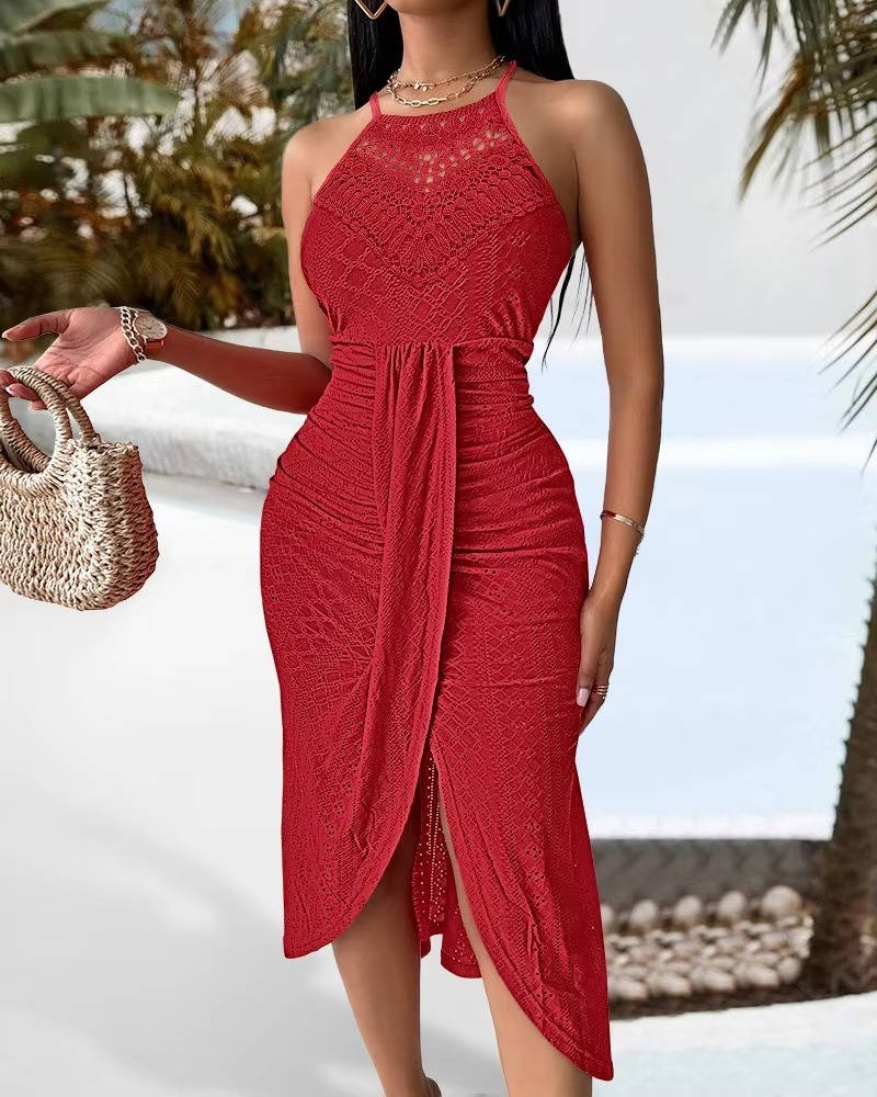 Formal women's A-line halter neck maxi dress with a sexy slit, perfect for evening wear or special events.