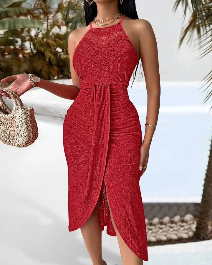 Formal women's A-line halter neck maxi dress with a sexy slit, perfect for evening wear or special events.