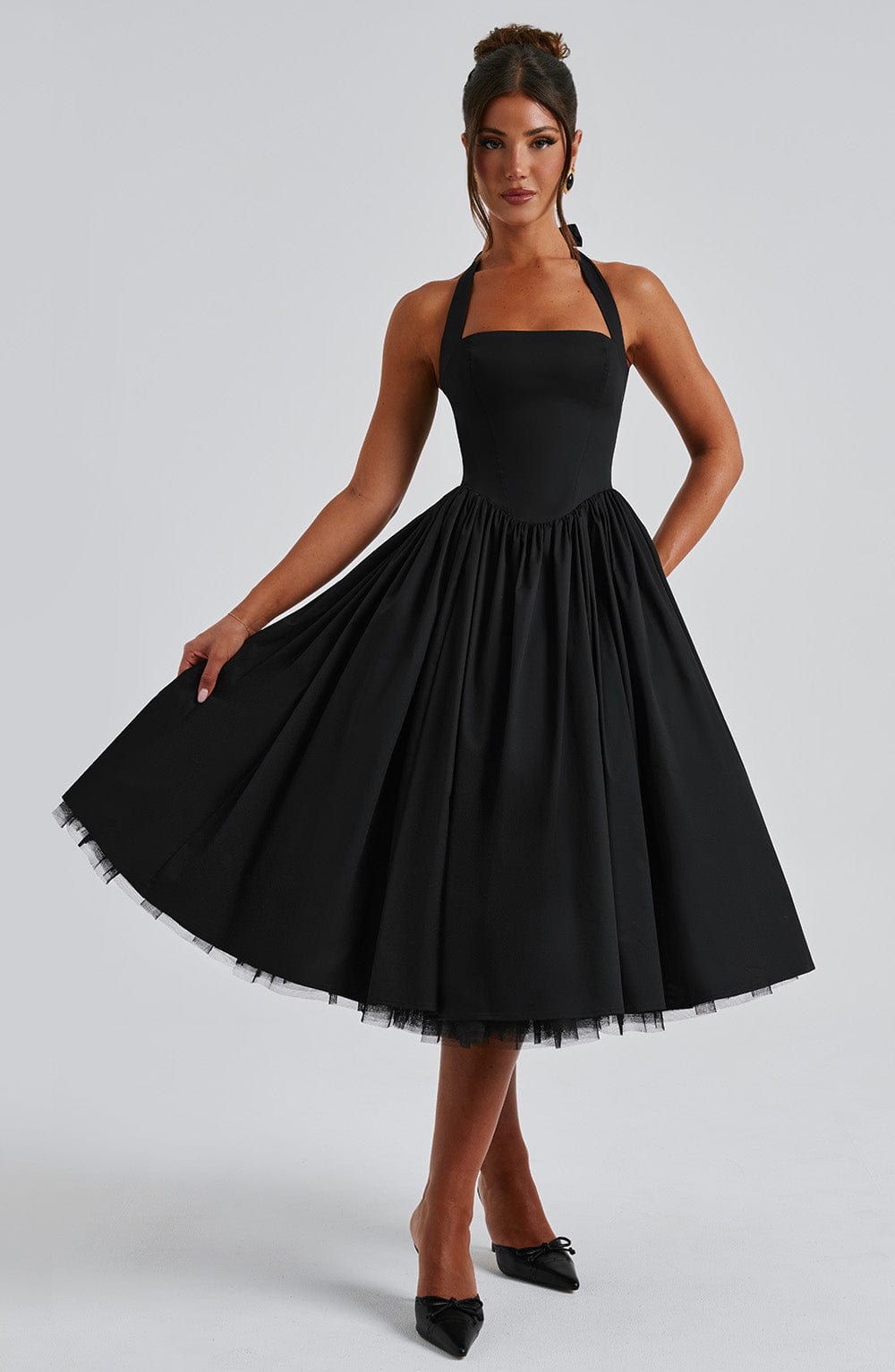 Beautiful women's midi special occasion dress with an elegant halter neck. Feminine & timeless.