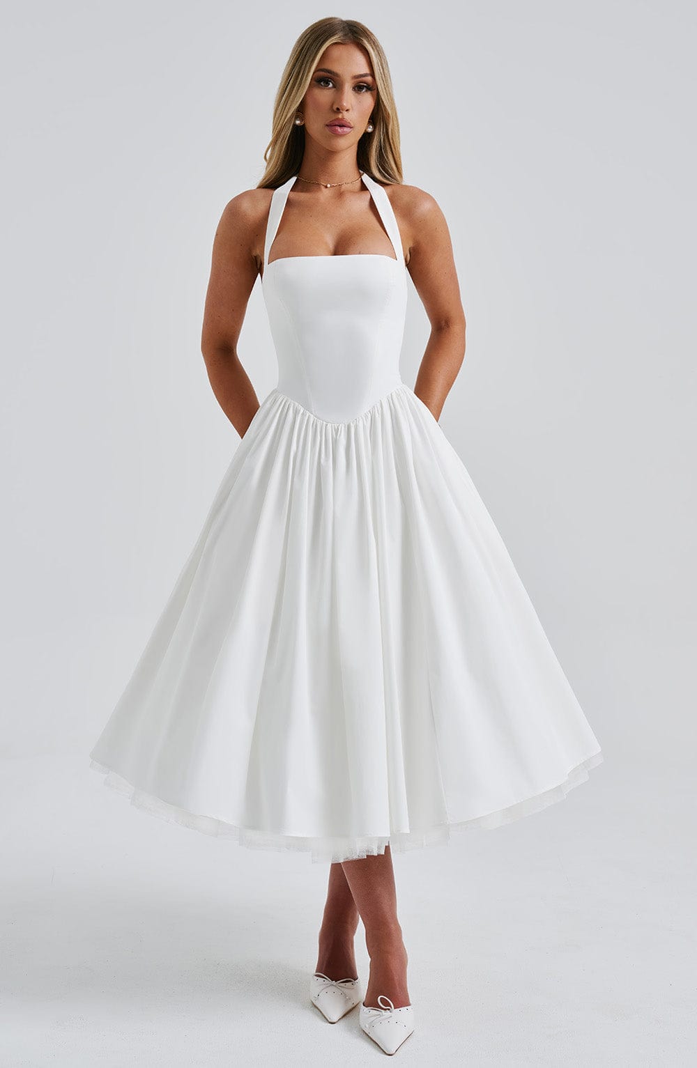 Feminine women's formal halter neck midi dress, perfect for weddings, parties, and events.