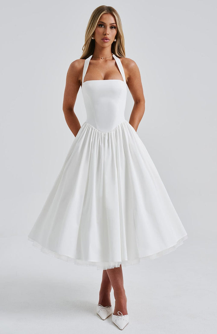 Feminine women's formal halter neck midi dress, perfect for weddings, parties, and events.