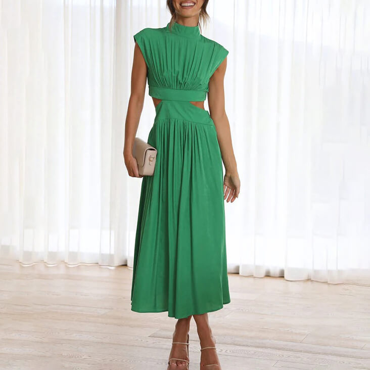 Elegant women's halter neck midi dress with a stylish side slit, perfect for summer events.