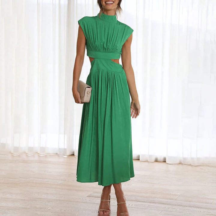 Elegant women's halter neck midi dress with a stylish side slit, perfect for summer events.