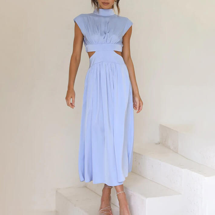 Modern women's flowing midi dress, adjustable halter neck, and stylish side slit, a versatile wardrobe essential.