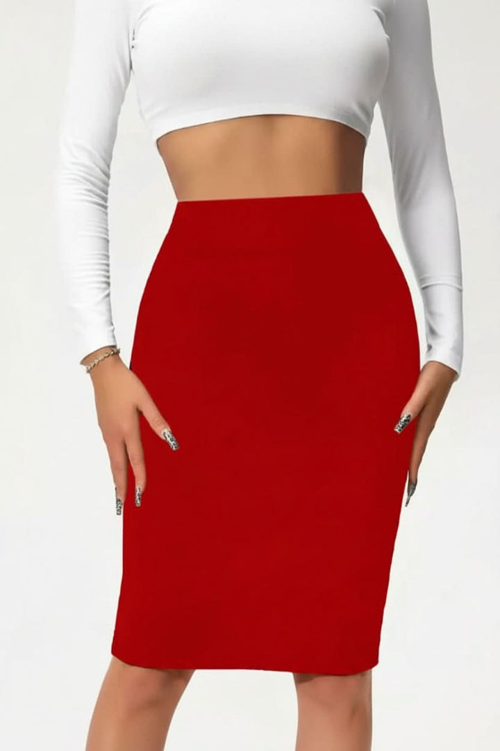 Back view of elegant women's high-waist pencil skirt, a classic professional midi for business attire.