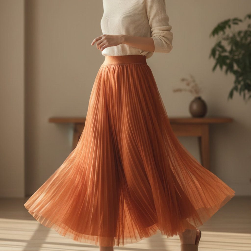 Elegant women's high-waisted pleated midi skirt, perfect for versatile casual and dressy wear.