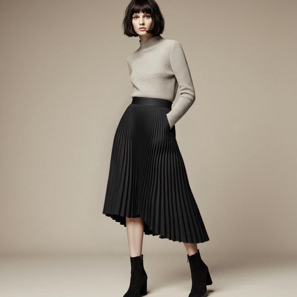 Flowy women's pleated midi skirt with a flattering high waist, ideal for versatile styling.