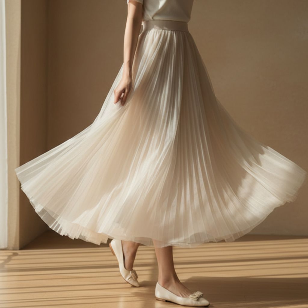 Flowy women's high-waisted pleated midi skirt, showcasing its elegant pleats and comfortable fit.