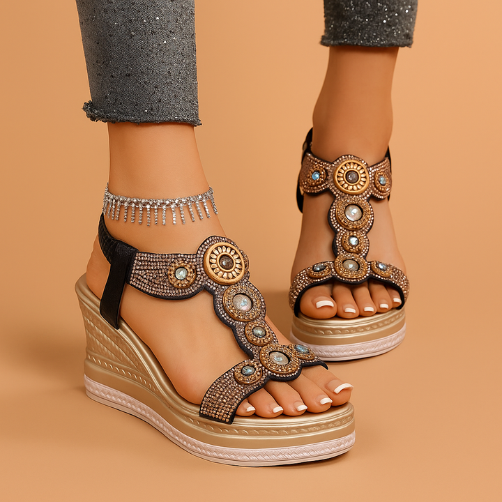 Elegant women's jeweled wedge sandals with platform sole & secure ankle strap, ideal for summer walking comfort.