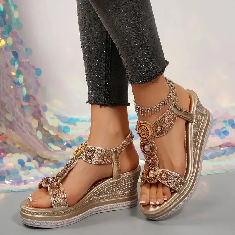 Elegant women's jeweled platform wedge sandals with comfortable ankle strap. Ideal for summer walking & dressy events.