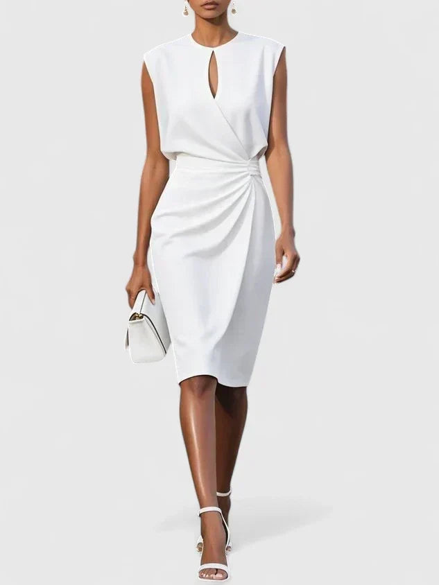Elegant women's sleeveless keyhole midi dress with a ruched waist, ideal for cocktail parties, wedding guests, formal.