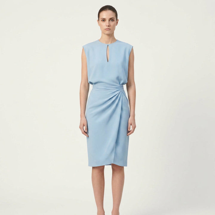 Elegant women's keyhole neck midi cocktail dress with ruched waist, ideal for weddings & formal events.