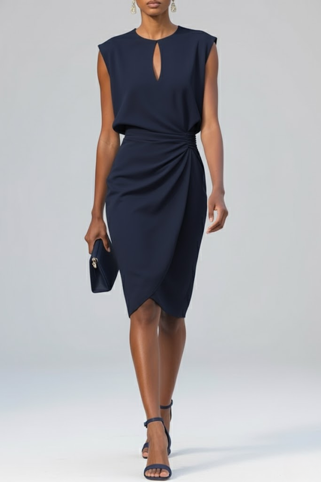 Formal women's midi dress with a keyhole neckline & ruched waist, an elegant choice for evening events.