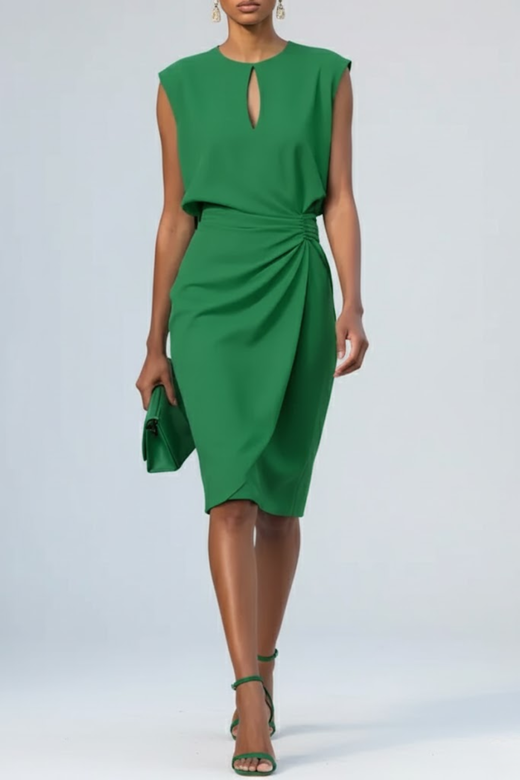 Chic women's evening dress: keyhole neck, ruched waist, midi length. Perfect for cocktails & special occasions.