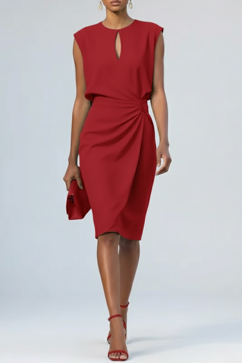 Stylish women's keyhole neck midi cocktail dress with a flattering ruched waist. Ideal for formal and elegant events.