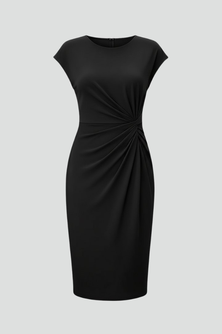 Elegant women's knee-length dress; ruched waist & cap sleeves. Versatile for day, party, or work.