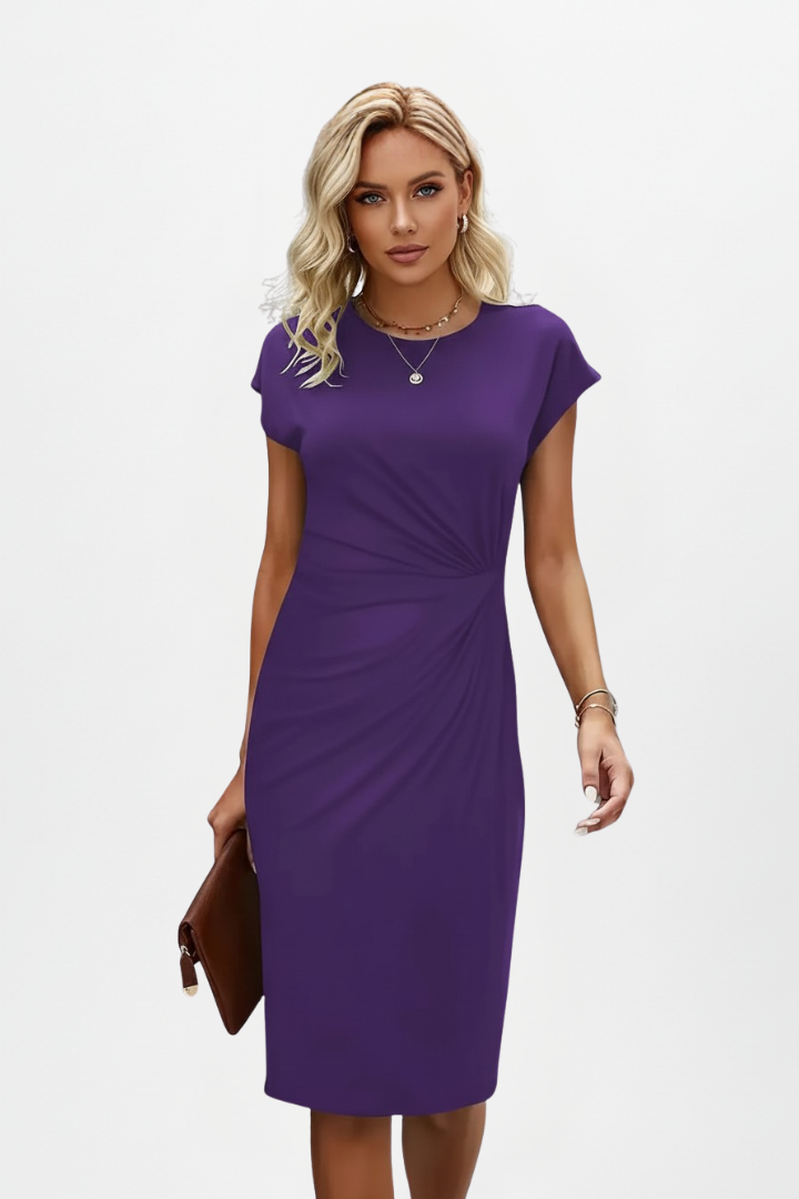Flattering women's elegant knee-length dress. Ruched waist, cap sleeves, round neck. Perfect for work or party.