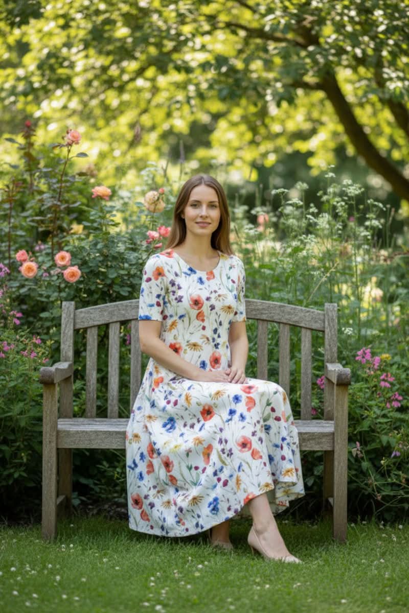 Versatile women's floral knee-length day dress with practical pockets, ideal for casual summer wear.
