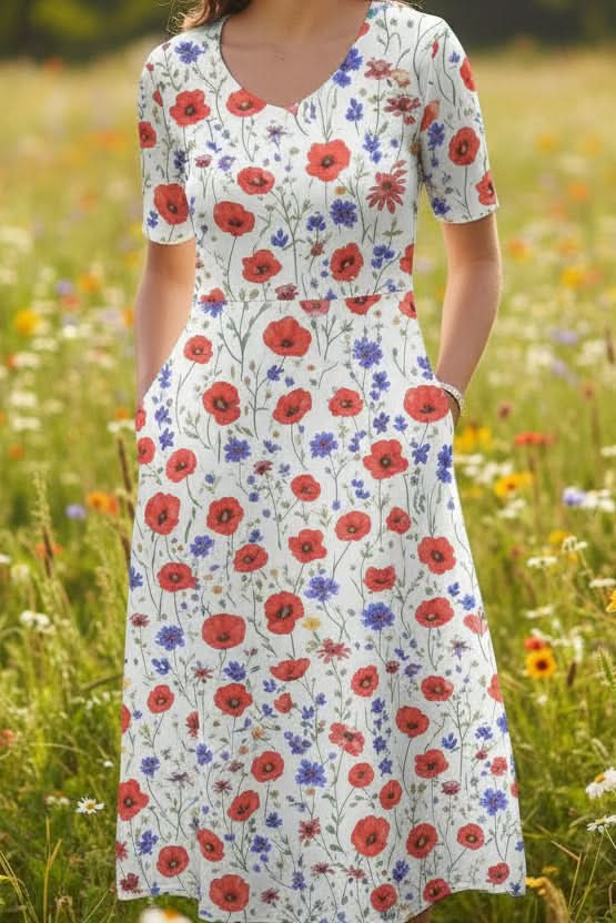 Lightweight women's floral summer dress, knee-length, featuring a flattering silhouette and handy pockets.