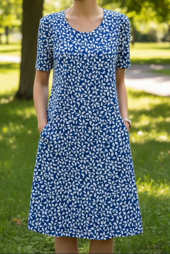 Vibrant floral print women's knee-length dress with a comfortable fit and discreet side pockets.