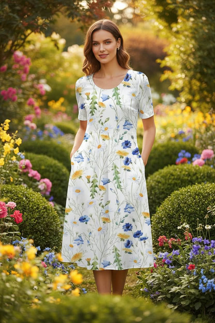Stunning elegant floral women's day dress, knee-length, designed for comfort and style with useful pockets.