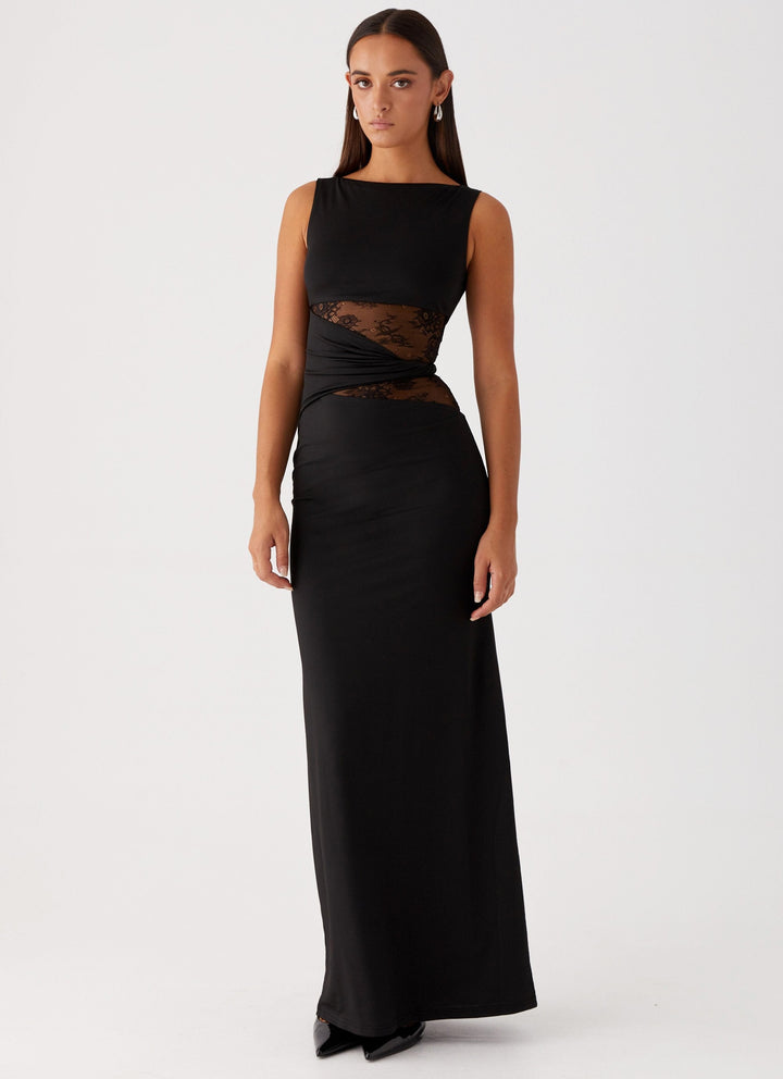 Elegant women's lace cut out boat neck sleeveless maxi dress for evening or formal events.