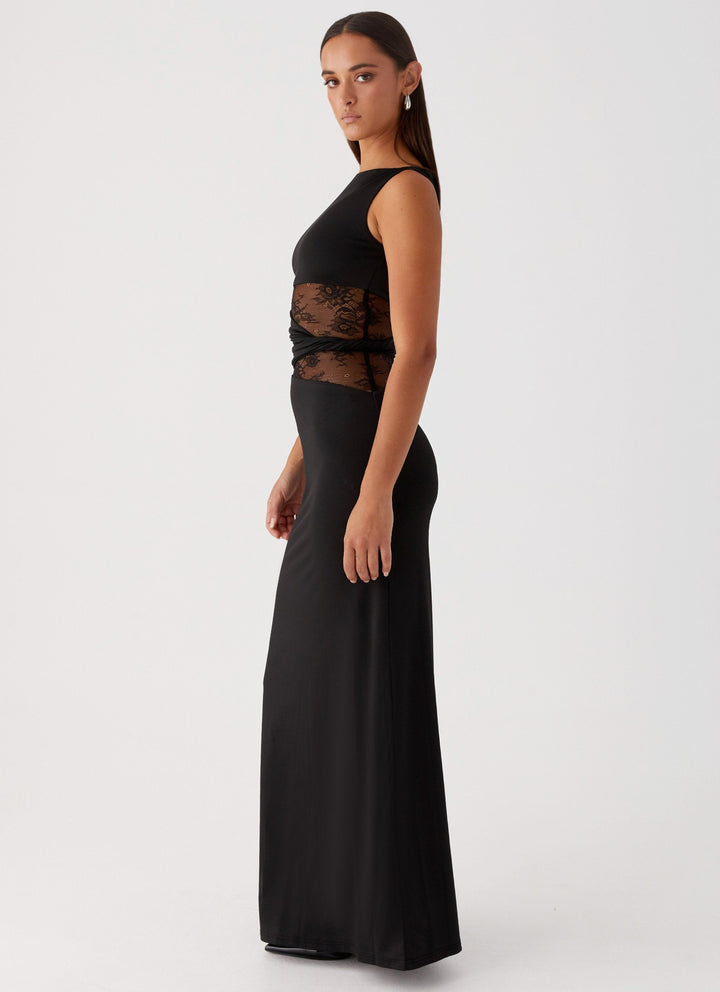 Stunning sleeveless lace detail maxi dress with boat neck, perfect as an elegant evening or party gown.