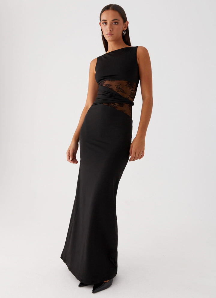 Women's long elegant maxi dress with a boat neck and lace cut-out, ideal for formal wear and parties.