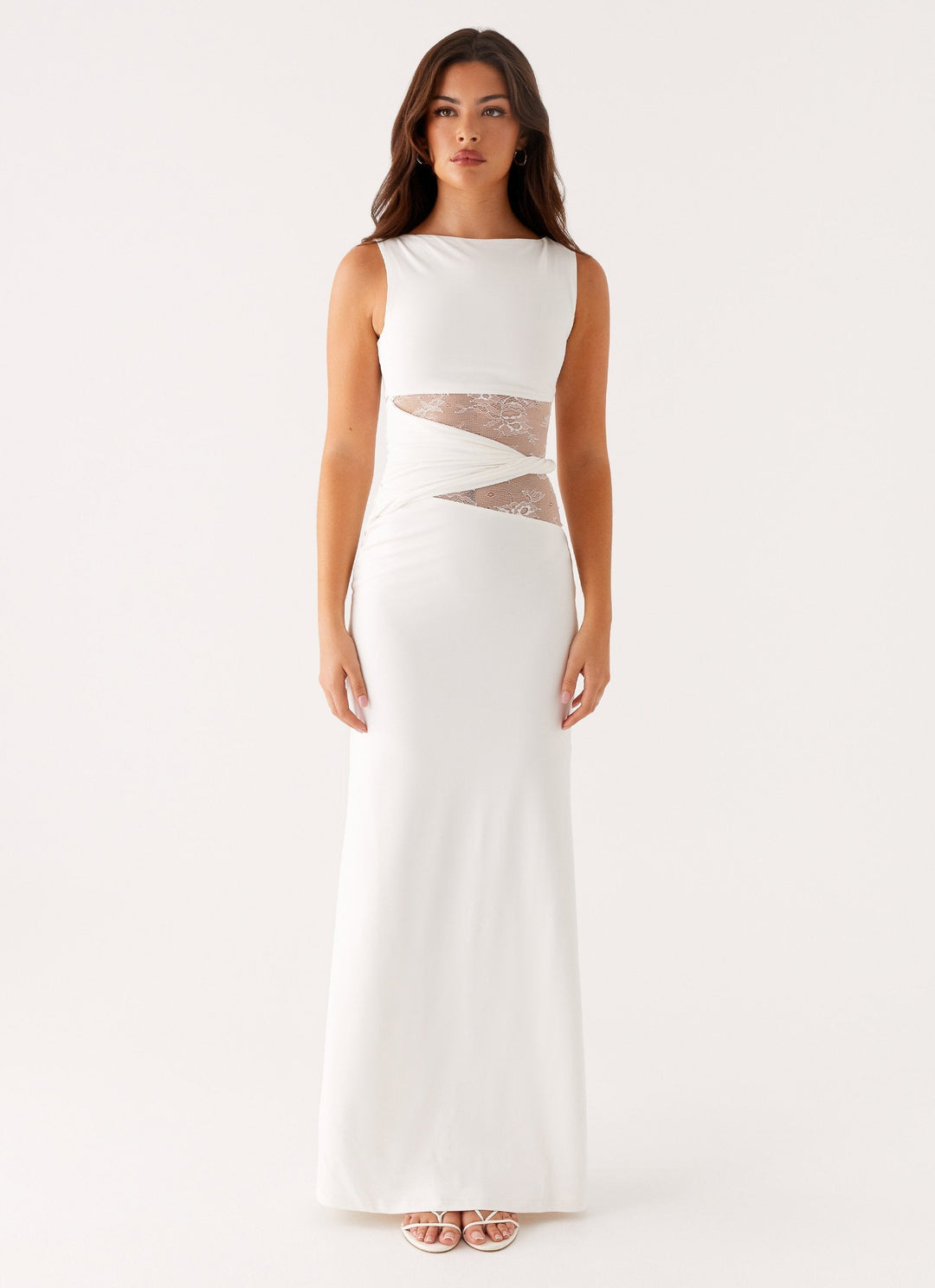 Elegant women's boat neck sleeveless maxi dress with lace cut-outs, perfect for formal occasions & evening wear.